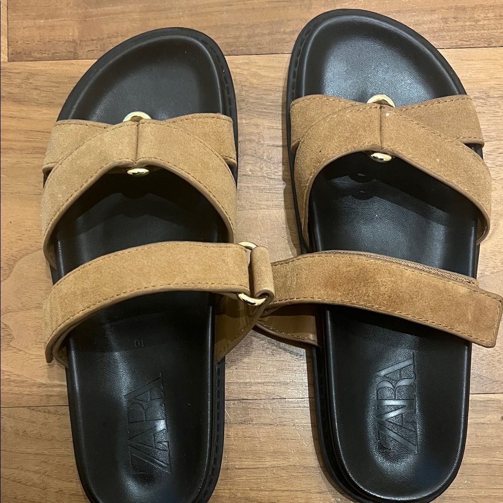 Zara Camel Suede Slide Sandals